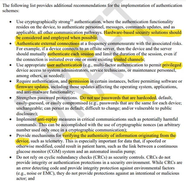 FDA Recommendations for the Implementation of Authentication Schemes
