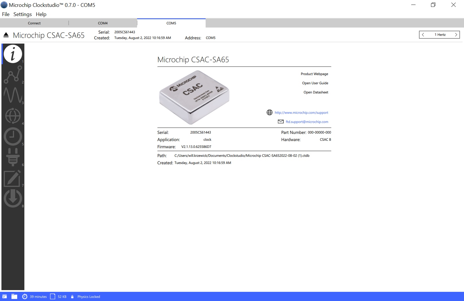 Clockstudio Device Information Screenshot