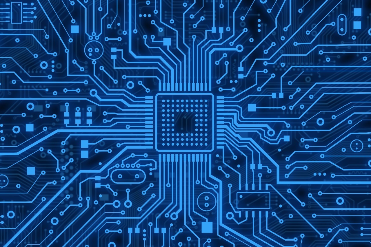 Modern technology concept. Blue computer microcircuit as background, top view. Illustration