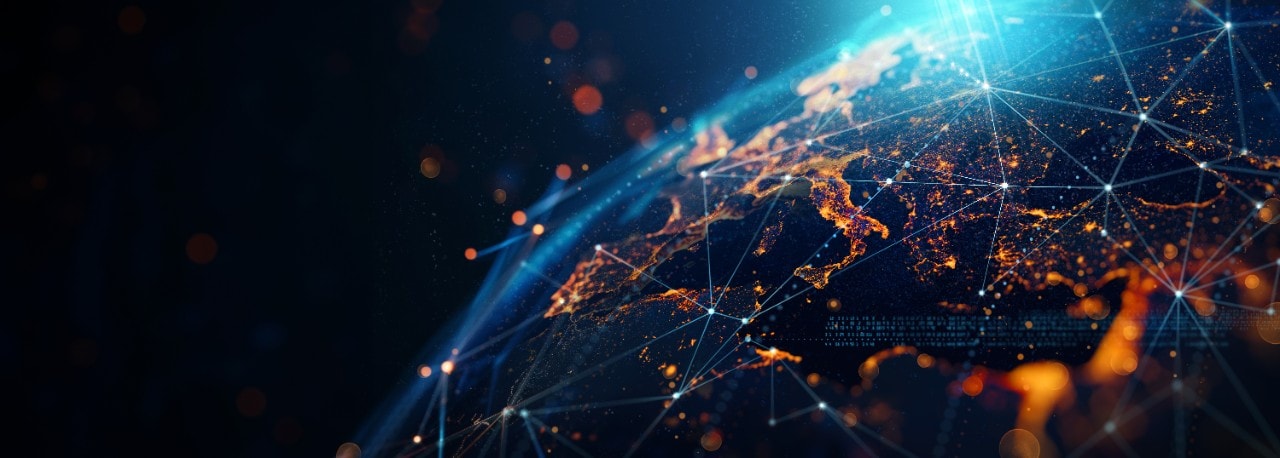 dynamic digital world map emphasize Western Europe continental  for AI powered global network and connectivity big data transfer and cyber technology network information exchange and telecommunication concept with 3D software and Based on imagery from NASA. https://www.nasa.gov/specials/blackmarble/2016/globalmaps/BlackMarb