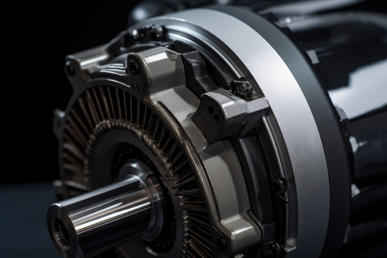 A high-torque servo motor with a rugged design and sophisticated feedback sensors for heavy-duty applications is shown up close