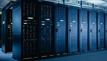 Shot of Data Center With Multiple Rows of Fully Operational Server Racks. Modern Telecommunications, Cloud Computing, Artificial Intelligence, Database, Super Computer Technology Concept.