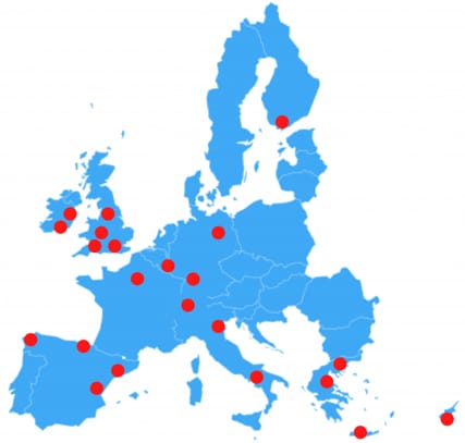 Europe Map with 22 Microchip Collaborative Partners Locations