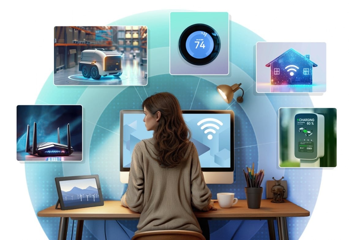 Woman in Front of a Computer Working on Wireless Connectivity Products