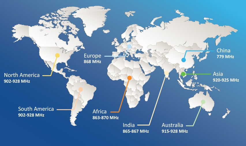 Map Showing Which Sub-GHz Bands Are Supported in Which Regions