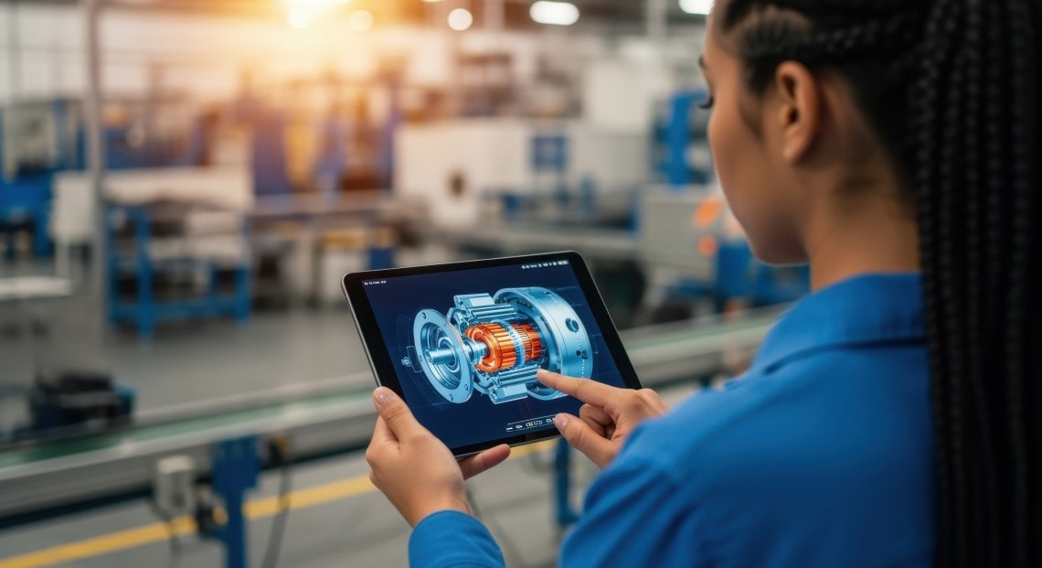 Woman Using a Tablet for Wireless Motor Commissioning and Diagnostics