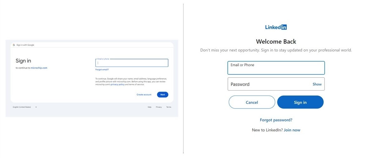 Screen: Social Sign Up options | Google (left) and LinkedIn (right)