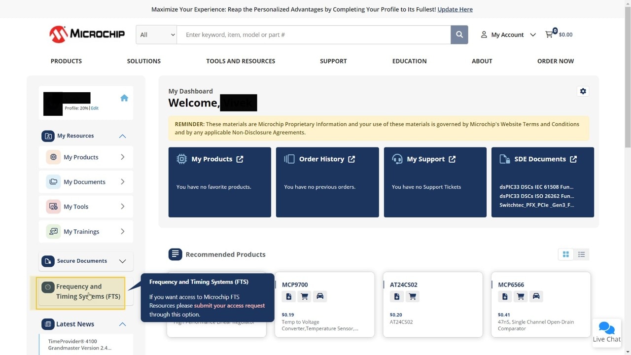 Screen: myMicrochip Dashboard | Frequency Timing Systems (FTS)
