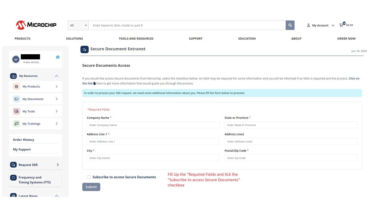 Screen: Fill Up the "Required Fields” and tick the "Subscribe to access Secure Documents" checkbox and click "Submit"