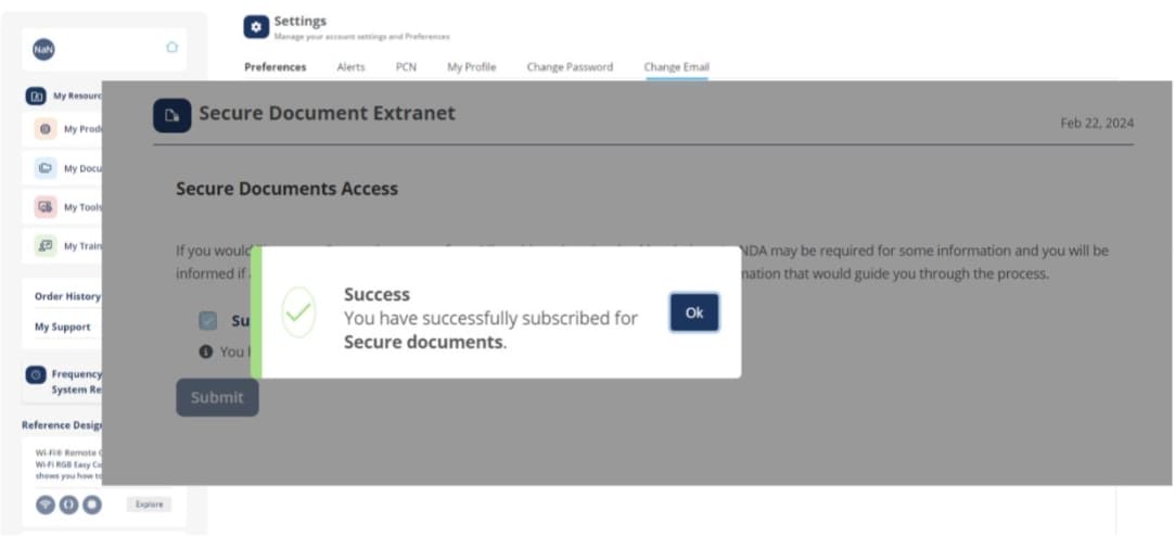 Screen: “Success” notification pop-up confirms request has been submitted
