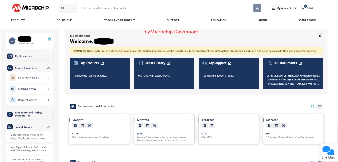 Screen: myMicrochip Dashboard