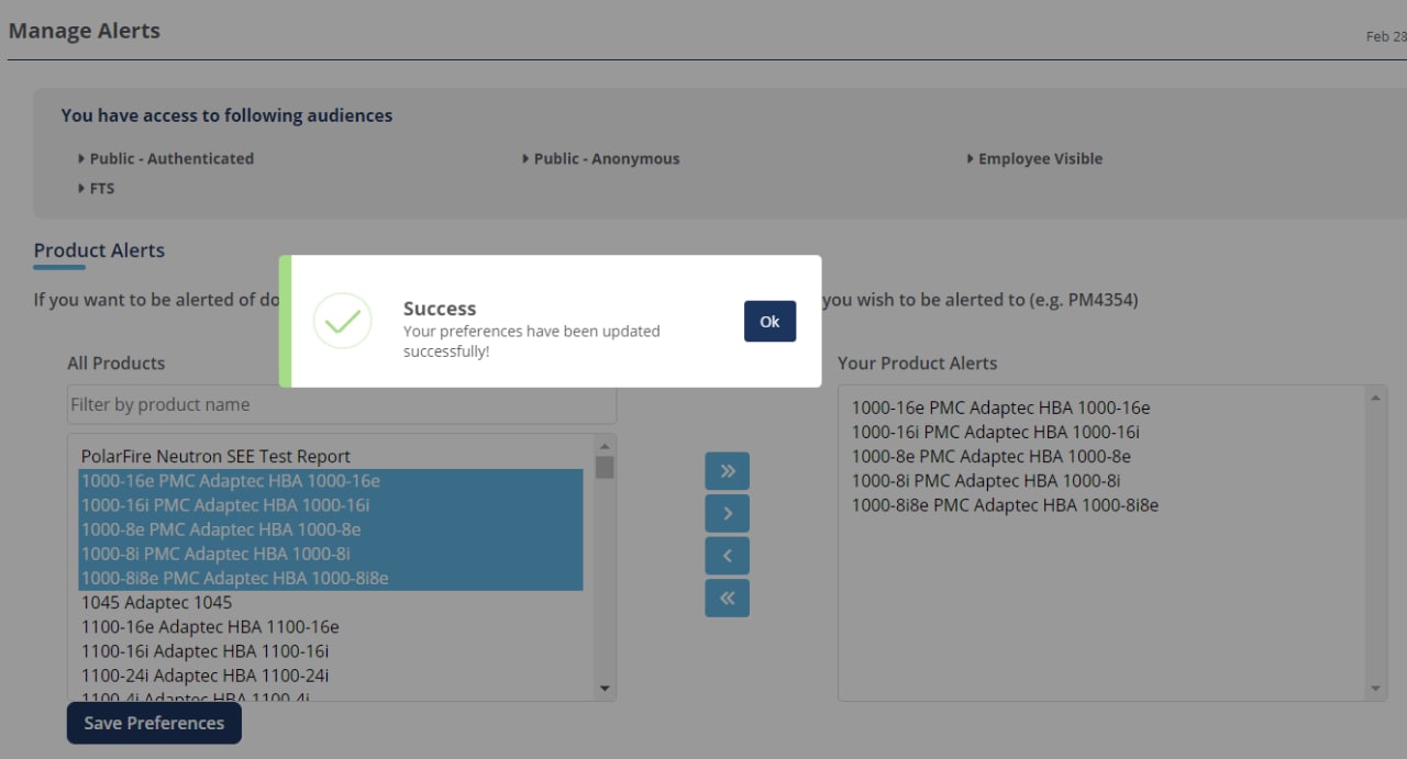 Screen: Success pop-up confirming your alert preferences have been saved