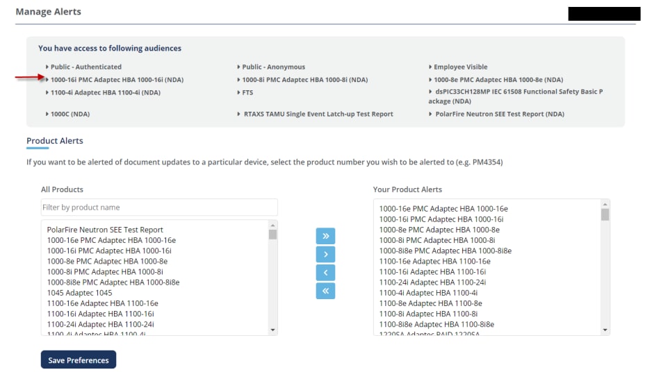 Screen: Manage Alerts: List of products selected for notifications