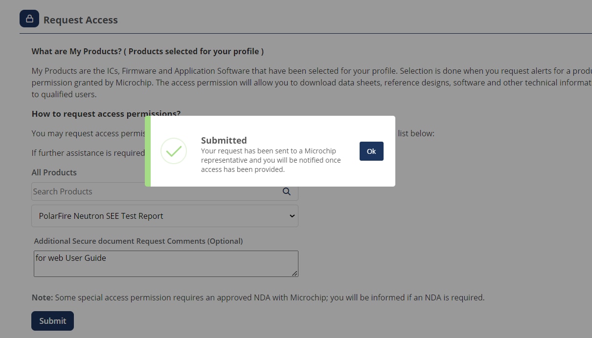 Screen: Confirmation Pop-up for Request to Access to Products